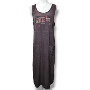 True Blue Faux Suede Jumper Maxi Dress Brown Embroidered Leaves Pockets